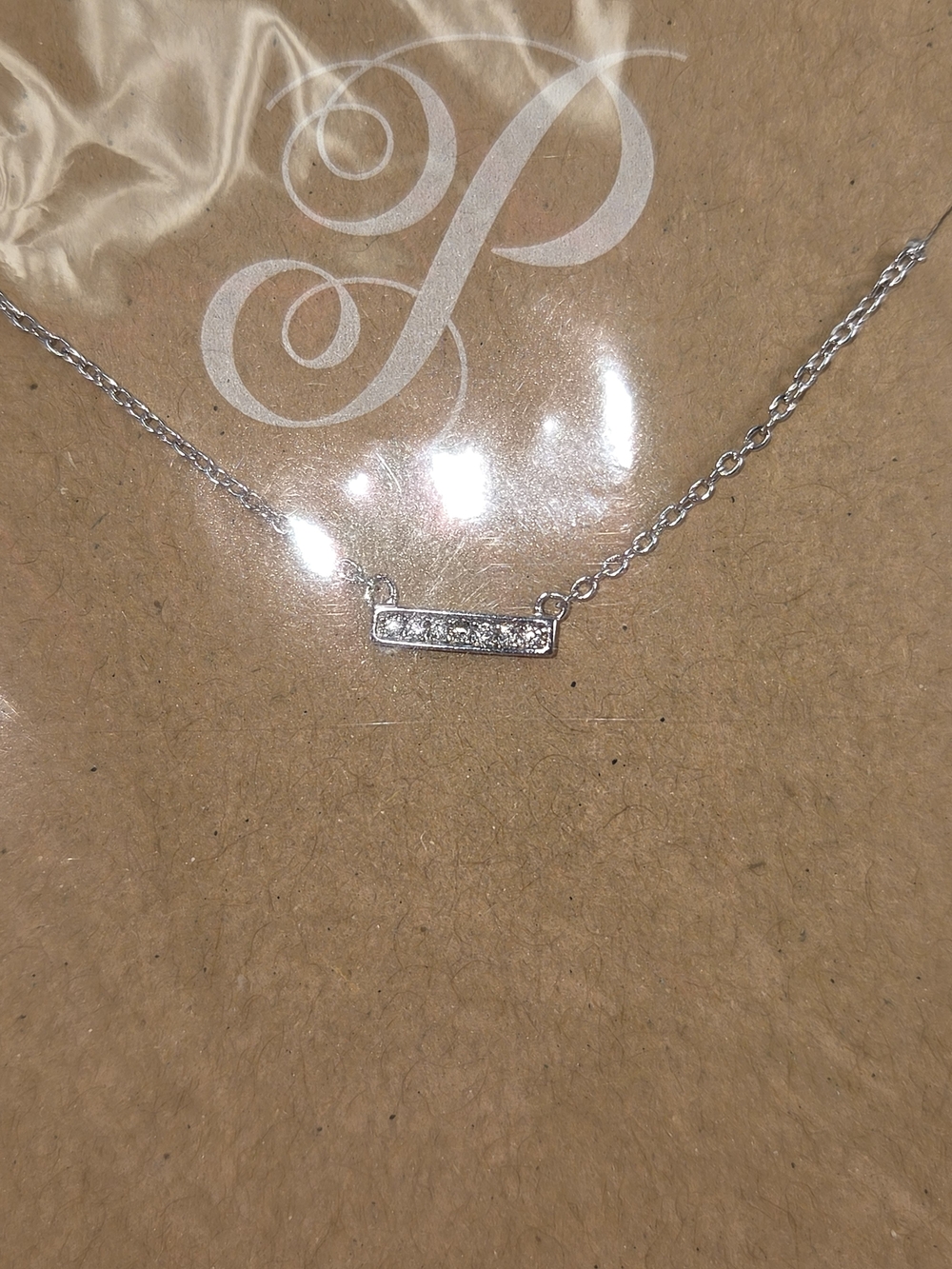 Plunder Hillary Necklace Silver Stainless Steel Clear CZ Bar NWT